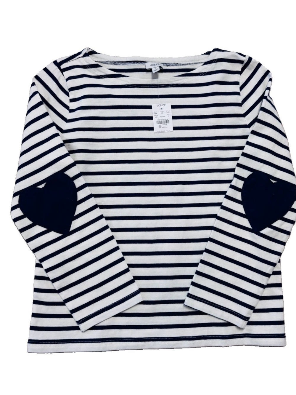 J.Crew NWT Boatneck Heart Elbow Patch Breton Navy White Coastal Top Small - Picture 2 of 11
